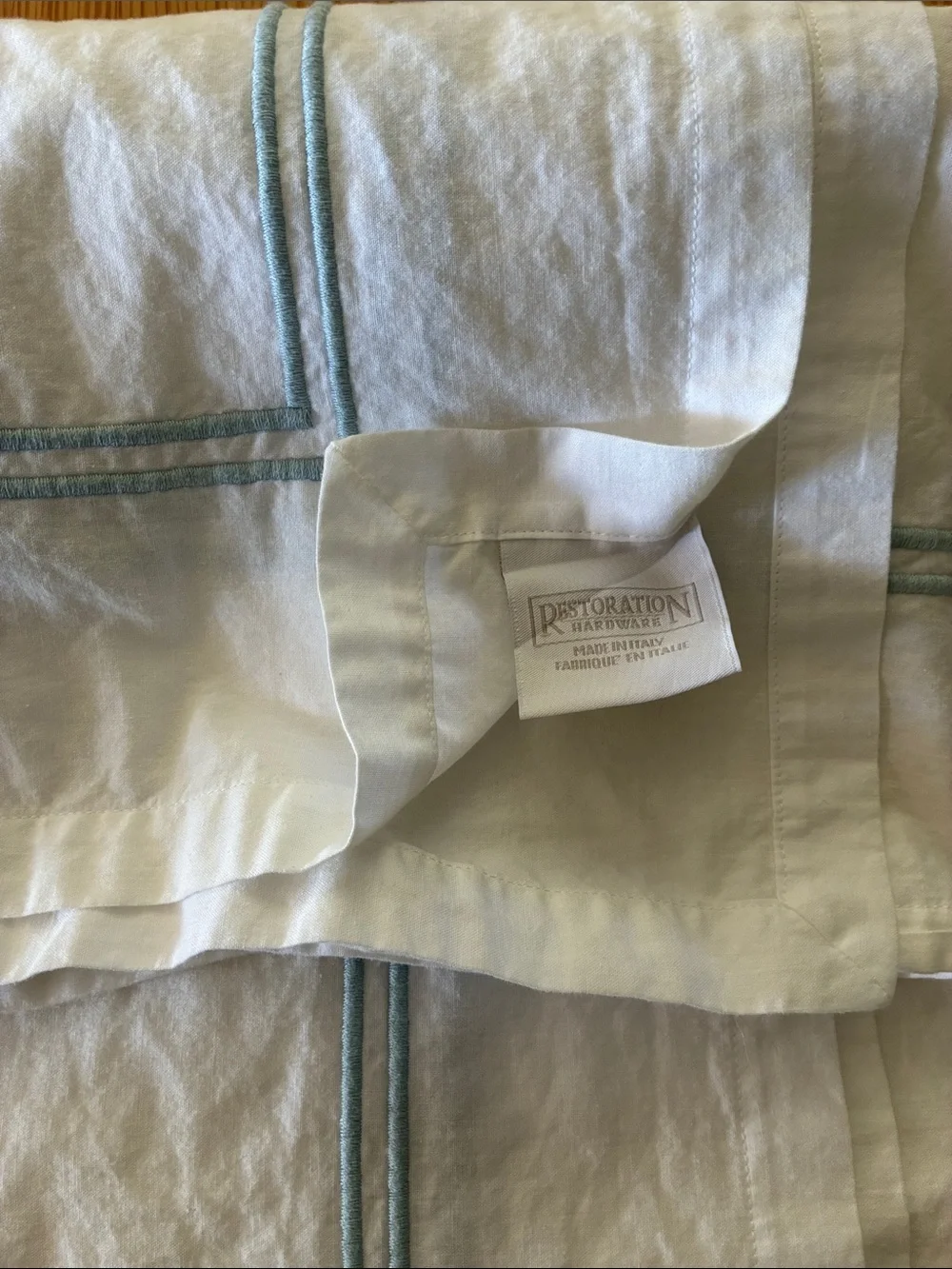 Restoration Hardware White Cotton Shower Curtain with Pale Blue Double Piping